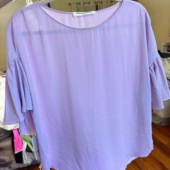 NWT Amanda Uprichard Ruffle Short Sleeve Flowy Blouse Size Large Purple - Picture 11 of 14